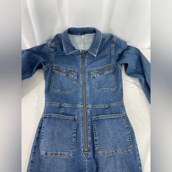 Free People Denim Jumpsuit Medium Zip Front Utility Coverall Blue Long Sleeve - Picture 10 of 16